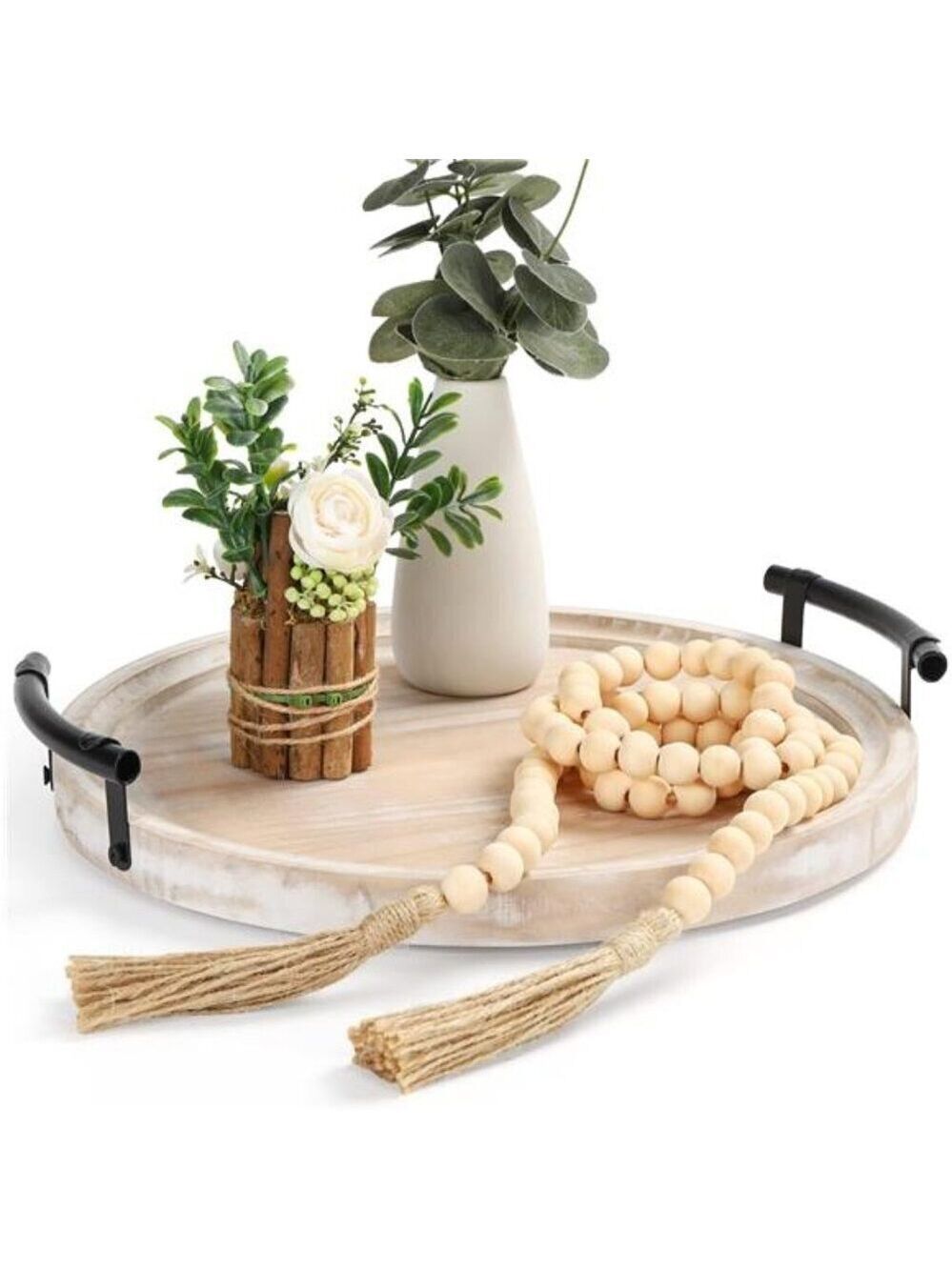 Round Wood Tray with Bead Garland Farmhouse Kitchen Coffee Table Decor White